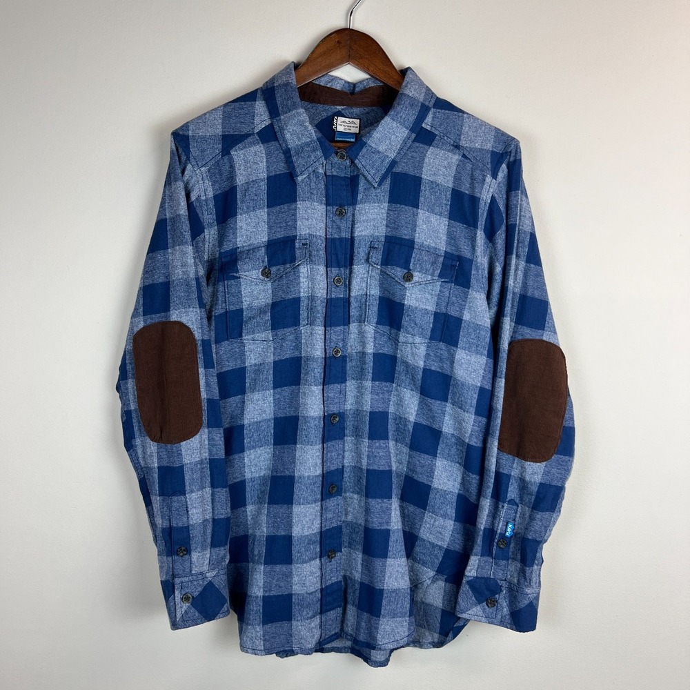 KAVU Shirt Mens Medium Blue Plaid Flannel Button Up Elbow Patches Pockets M New